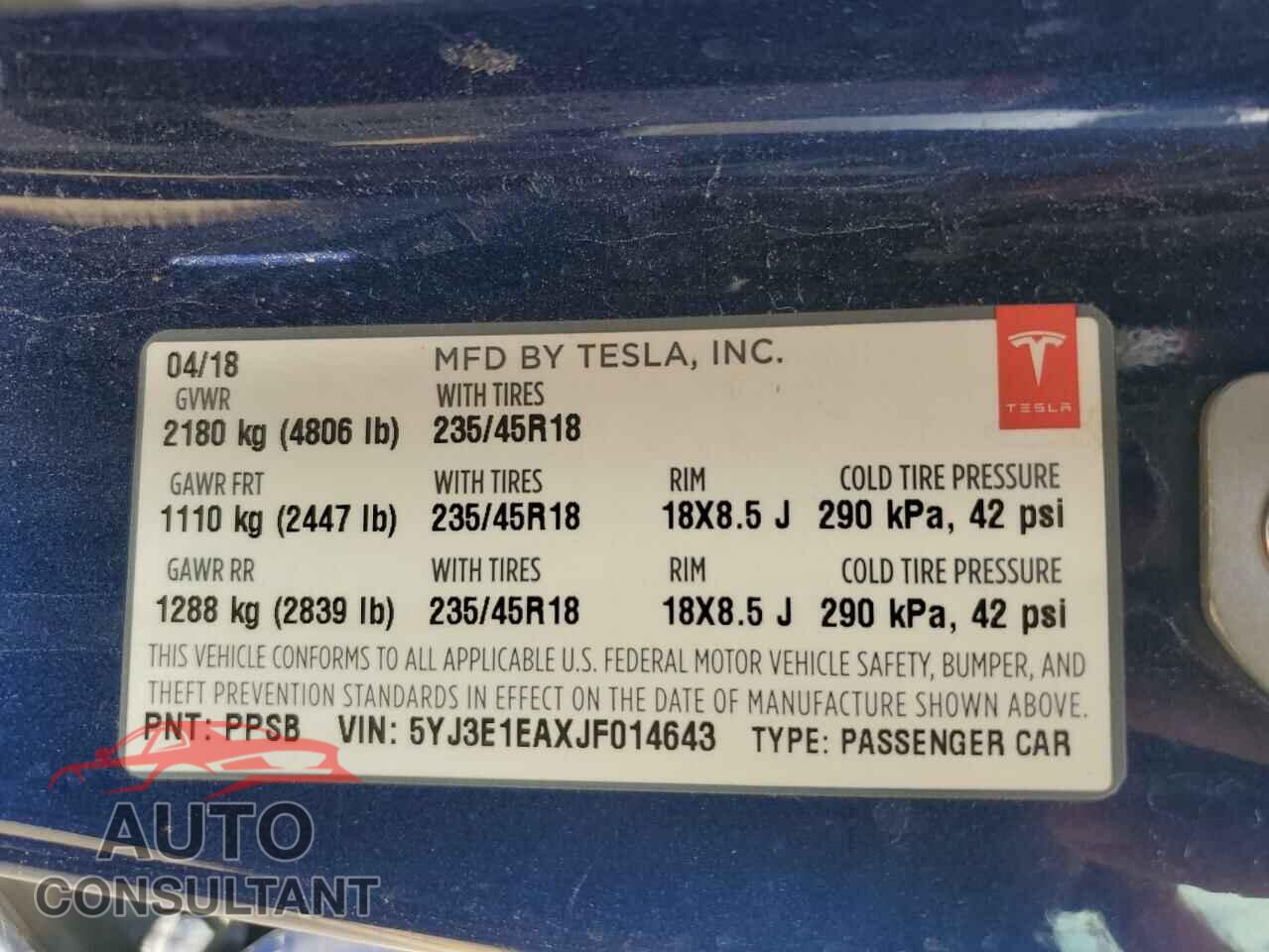 TESLA MODEL 3 2018 - 5YJ3E1EAXJF014643