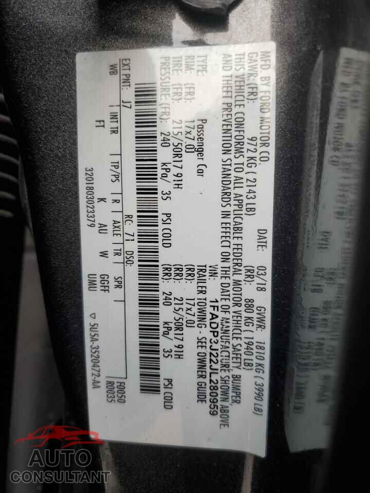 FORD FOCUS 2018 - 1FADP3J22JL280959