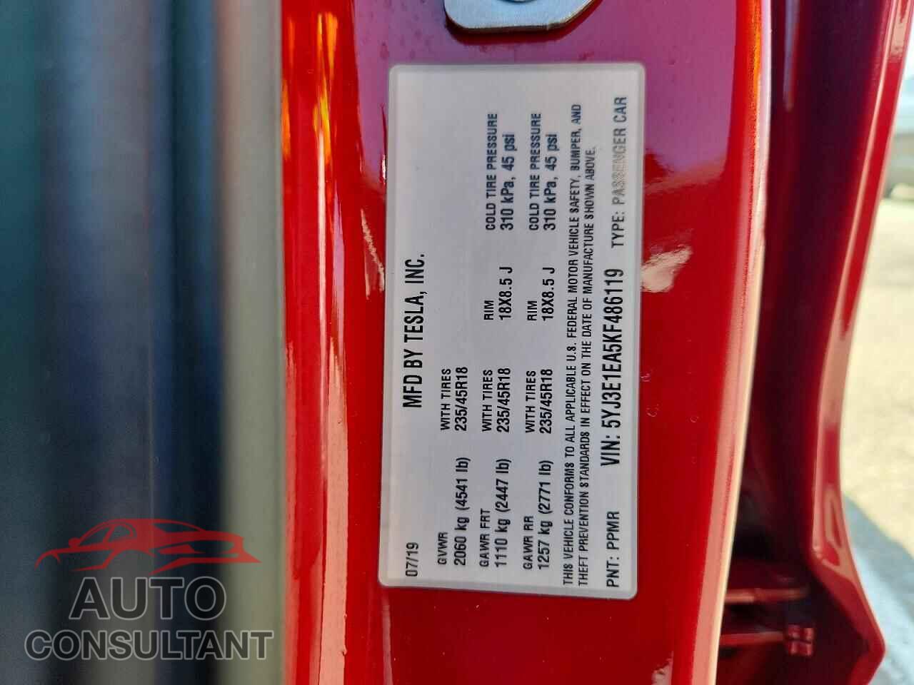 TESLA MODEL 3 2019 - 5YJ3E1EA5KF486119