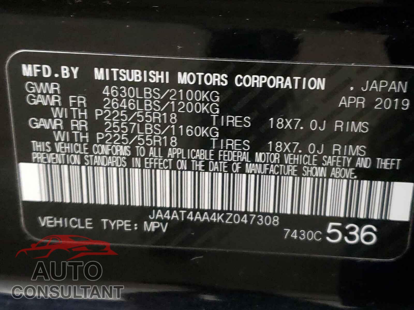 MITSUBISHI ECLIPSE 2019 - JA4AT4AA4KZ047308