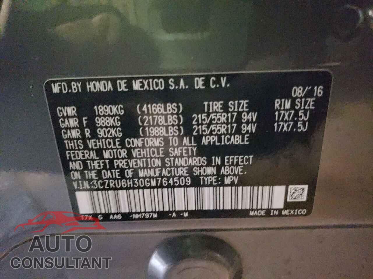 HONDA HR-V 2016 - 3CZRU6H30GM764509