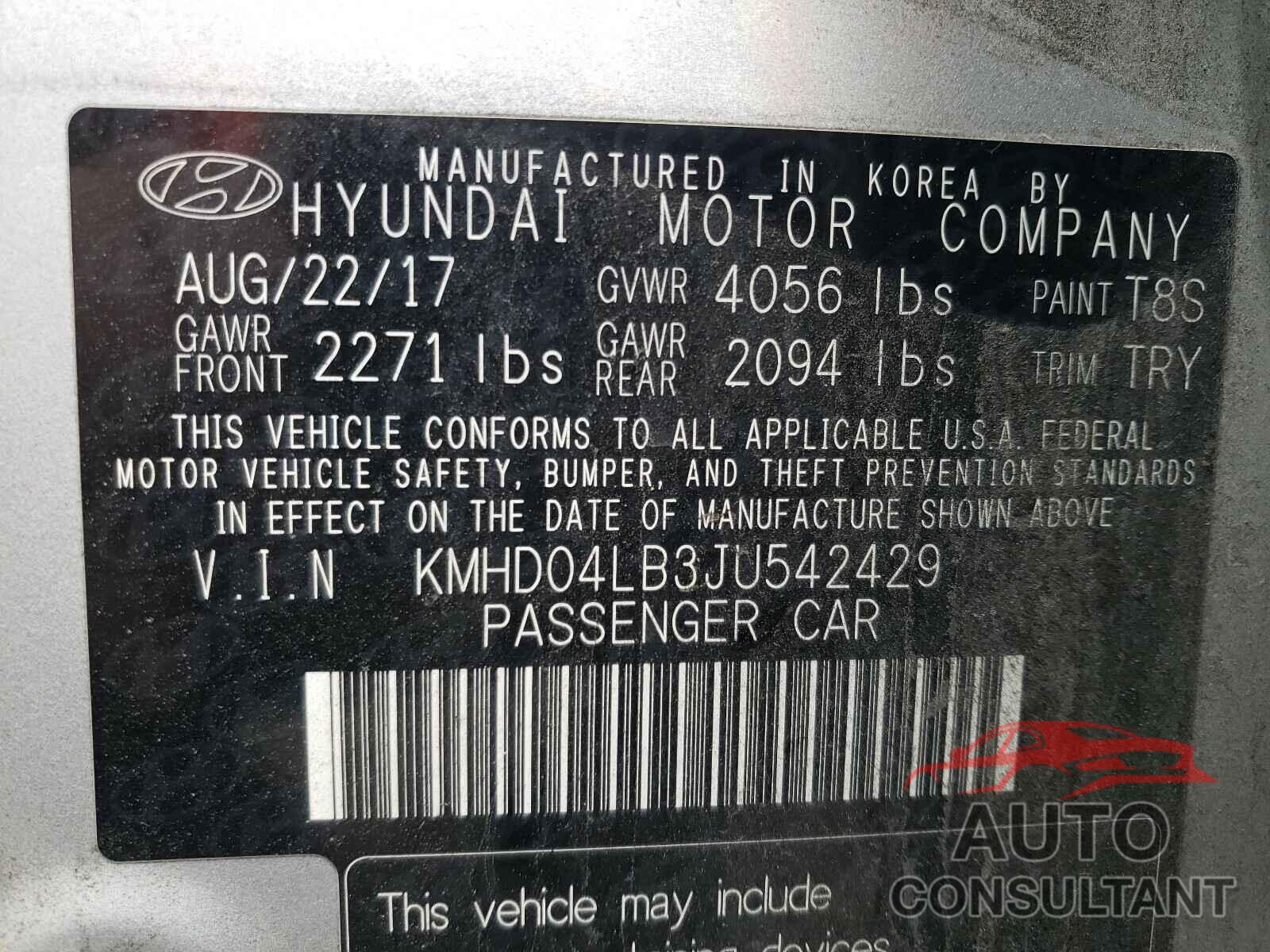 HYUNDAI ELANTRA 2018 - KMHD04LB3JU542429