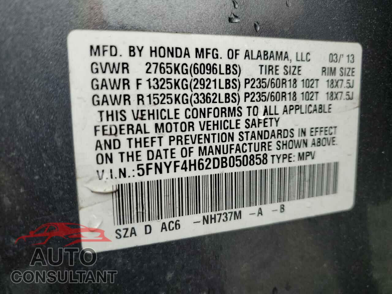 HONDA PILOT 2013 - 5FNYF4H62DB050858