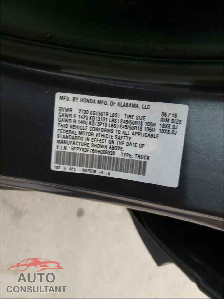 HONDA RIDGELINE 2017 - 5FPYK3F76HB006330
