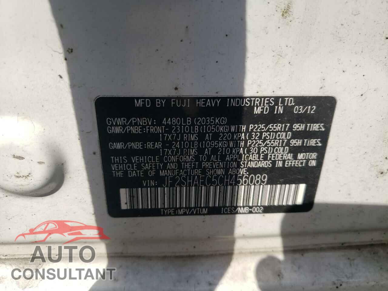 SUBARU FORESTER 2012 - JF2SHAEC5CH456089