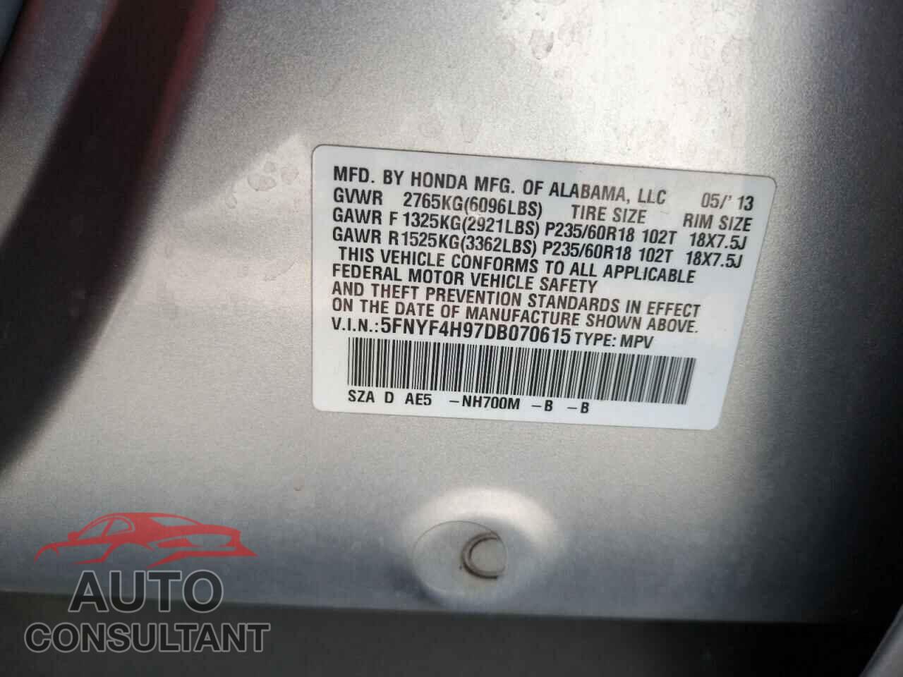 HONDA PILOT 2013 - 5FNYF4H97DB070615