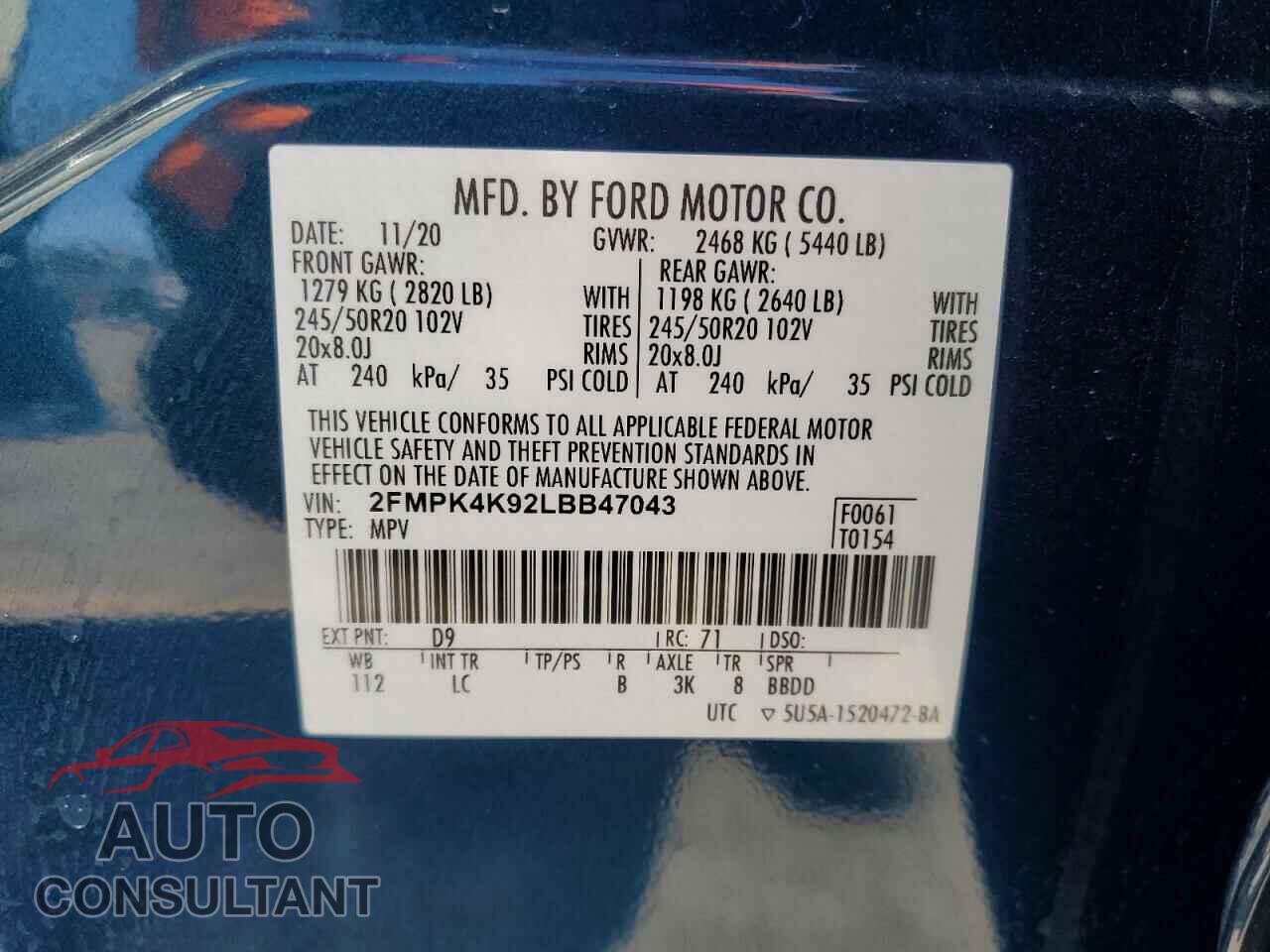 FORD EDGE 2020 - 2FMPK4K92LBB47043