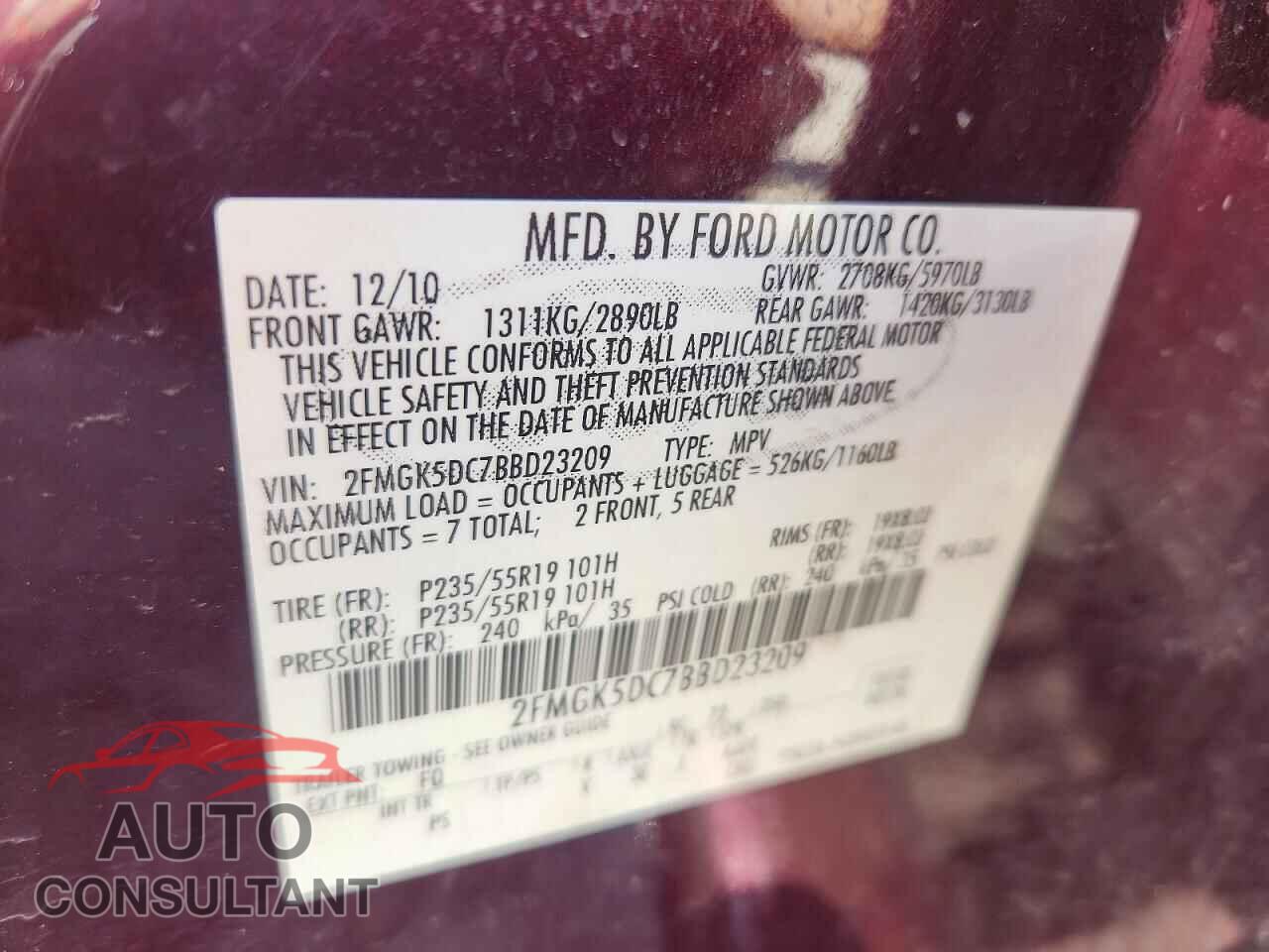 FORD FLEX 2011 - 2FMGK5DC7BBD23209