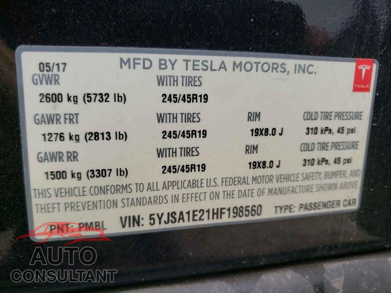 TESLA MODEL S 2017 - 5YJSA1E21HF198560