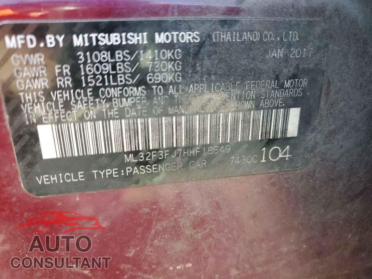 MITSUBISHI MIRAGE 2017 - ML32F3FJ7HHF18649