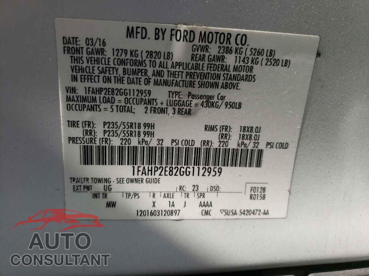 FORD TAURUS 2016 - 1FAHP2E82GG112959