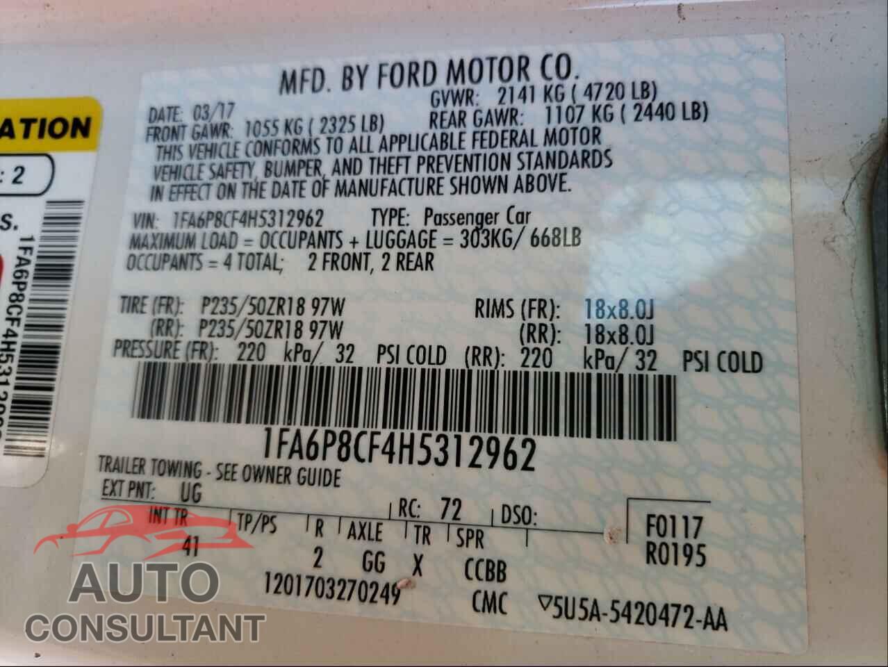FORD MUSTANG 2017 - 1FA6P8CF4H5312962