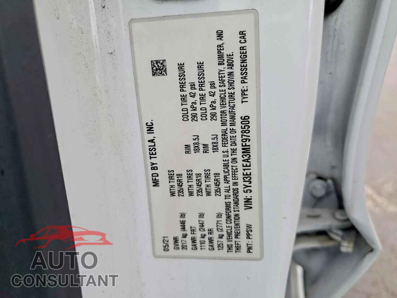 TESLA MODEL 3 2021 - 5YJ3E1EA3MF978506