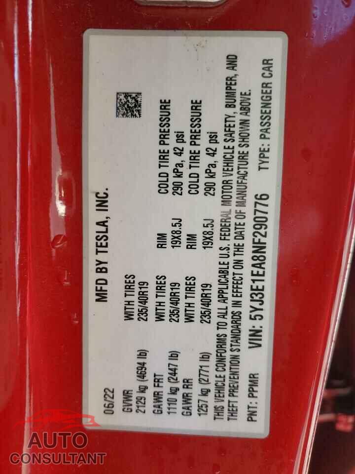 TESLA MODEL 3 2022 - 5YJ3E1EA8NF290776