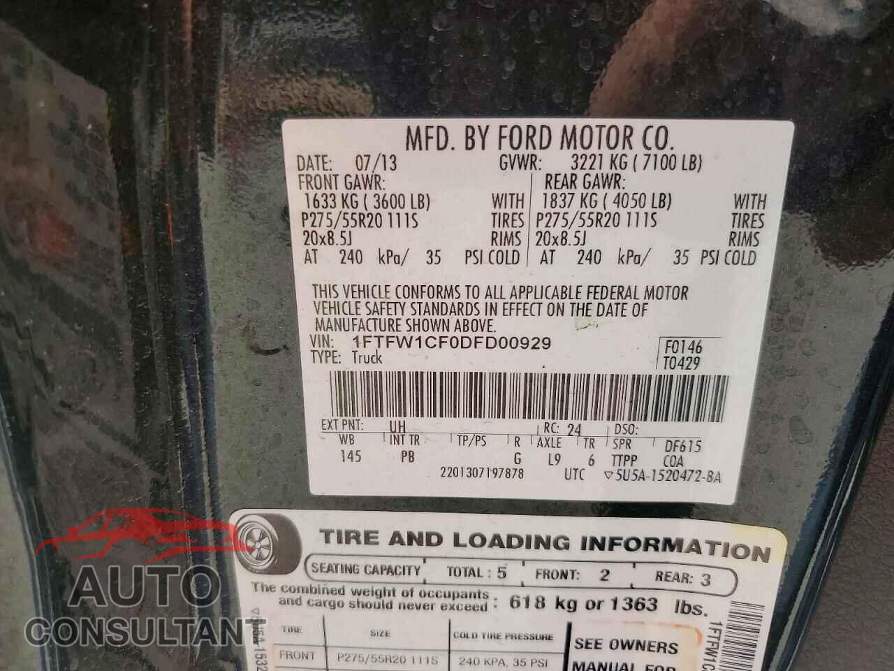 FORD F150 2013 - 1FTFW1CF0DFD00929