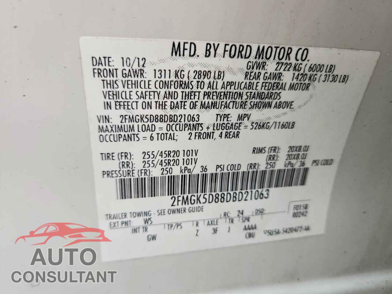 FORD FLEX 2013 - 2FMGK5D88DBD21063