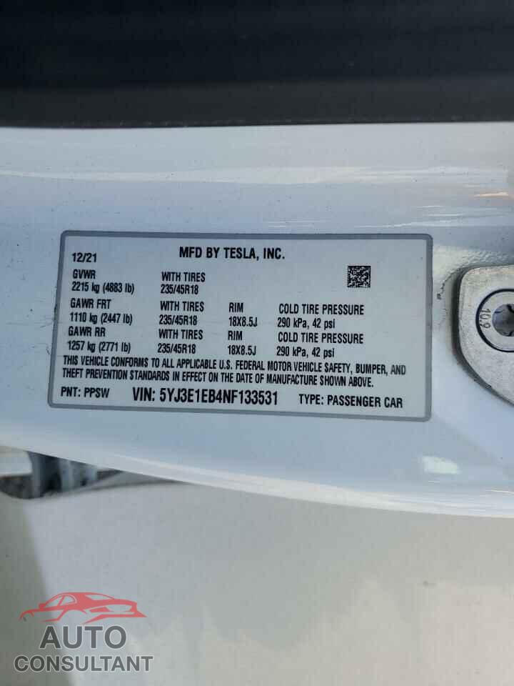 TESLA MODEL 3 2022 - 5YJ3E1EB4NF133531