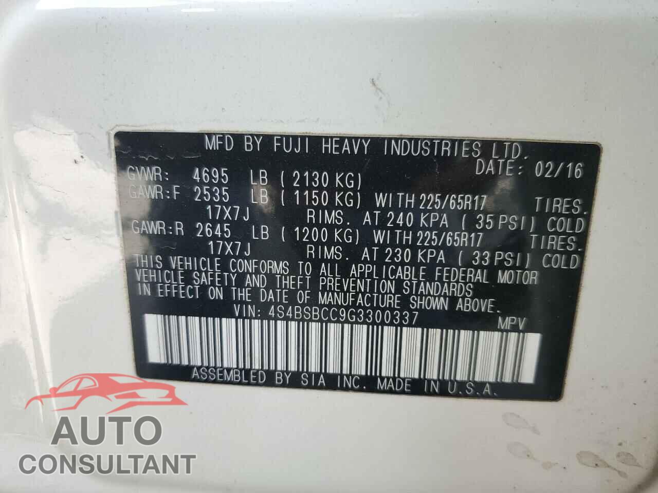SUBARU OUTBACK 2016 - 4S4BSBCC9G3300337