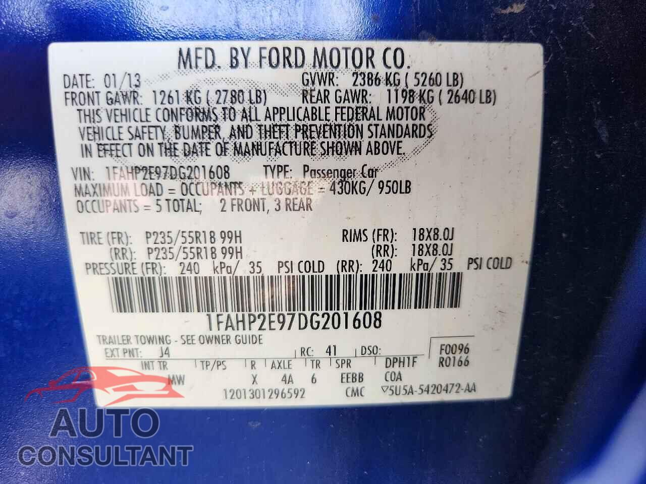 FORD TAURUS 2013 - 1FAHP2E97DG201608
