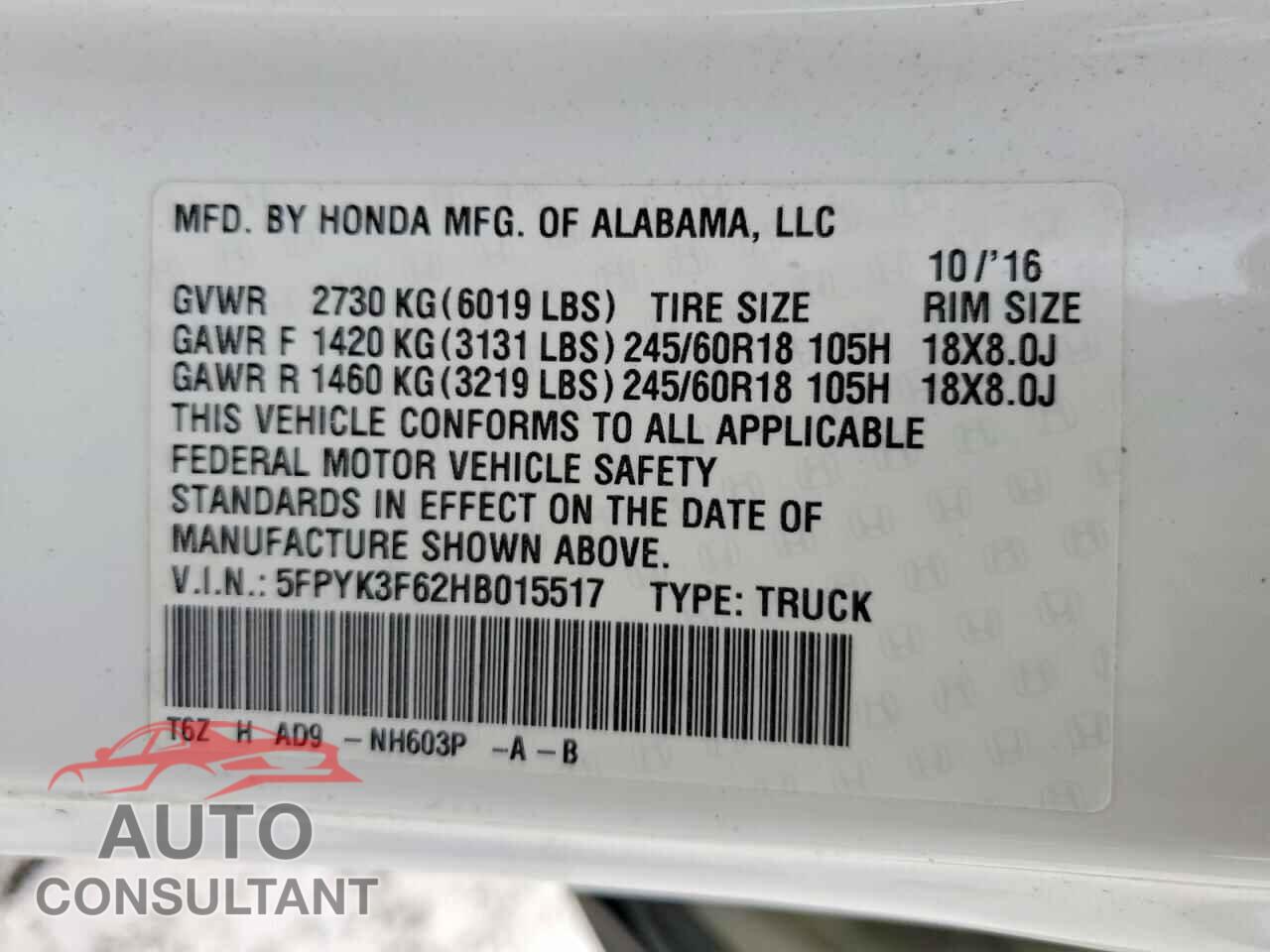 HONDA RIDGELINE 2017 - 5FPYK3F62HB015517