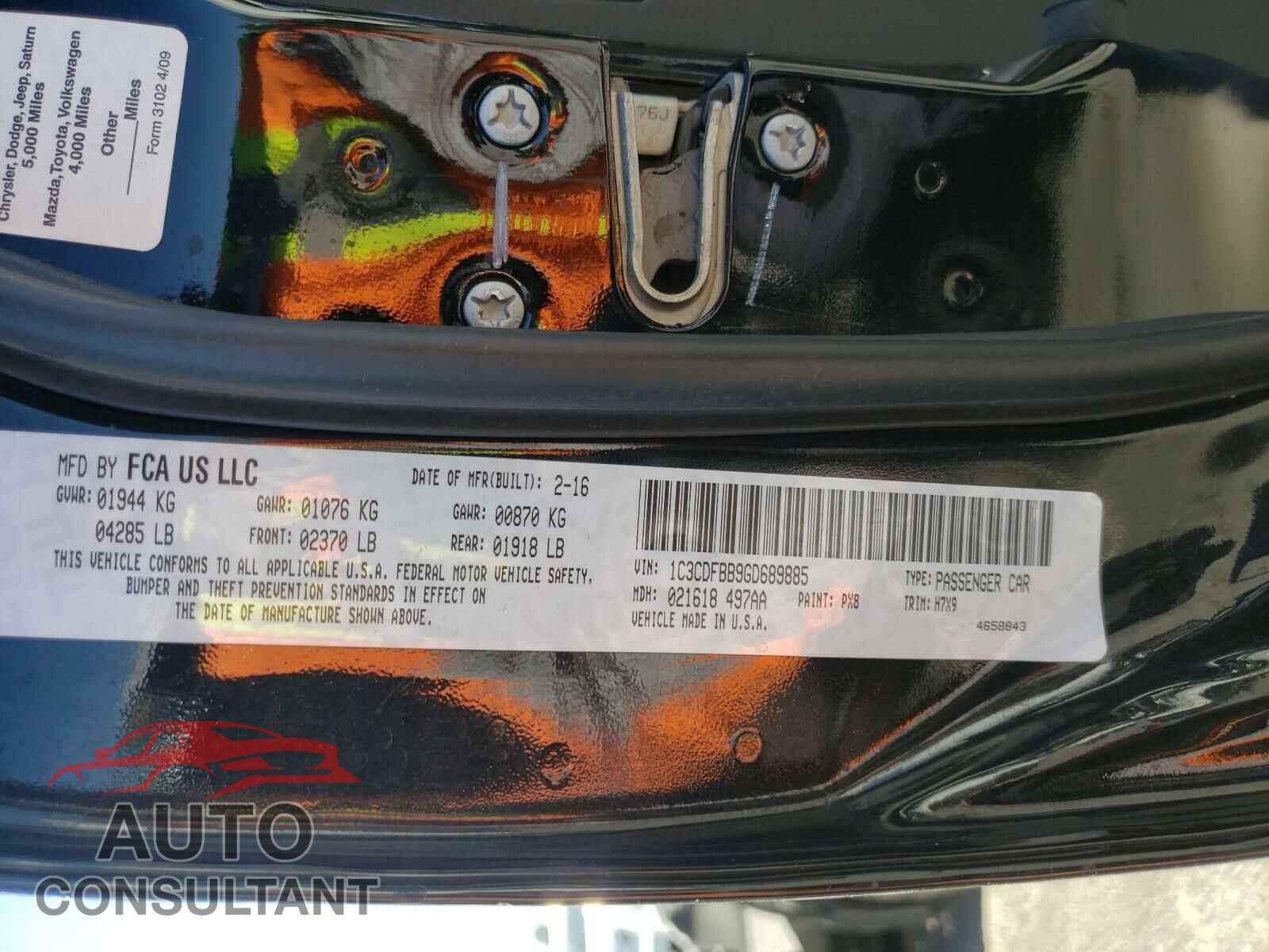 DODGE DART 2016 - 1C3CDFBB9GD689885