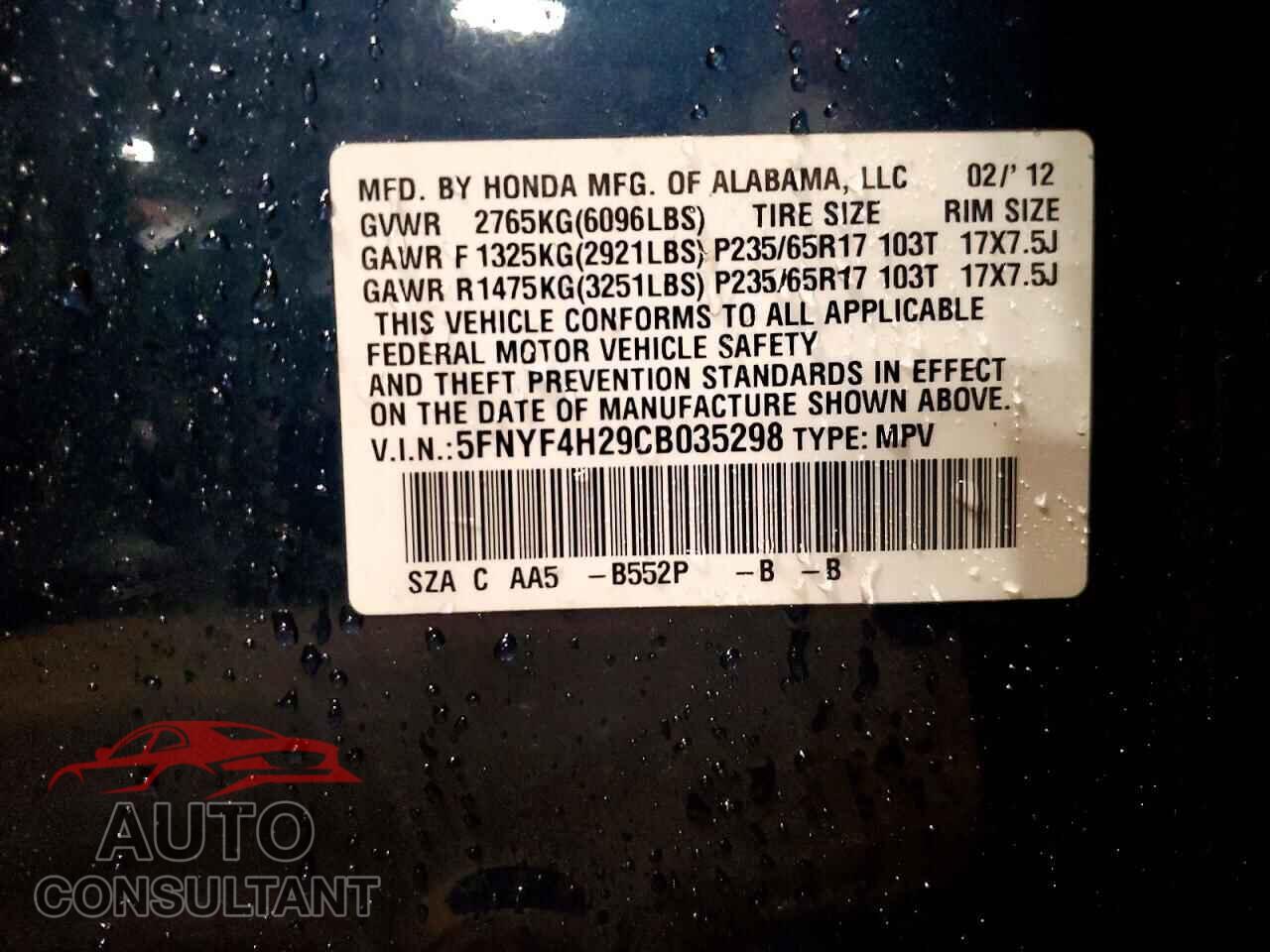 HONDA PILOT 2012 - 5FNYF4H29CB035298