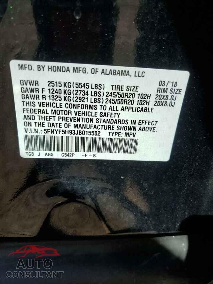 HONDA PILOT 2018 - 5FNYF5H93JB015502