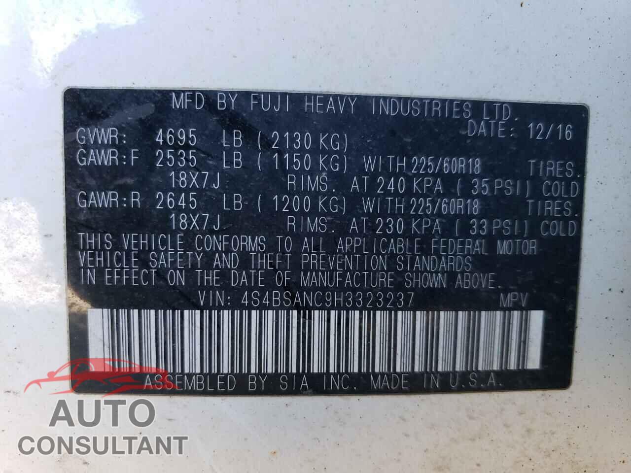 SUBARU OUTBACK 2017 - 4S4BSANC9H3323237