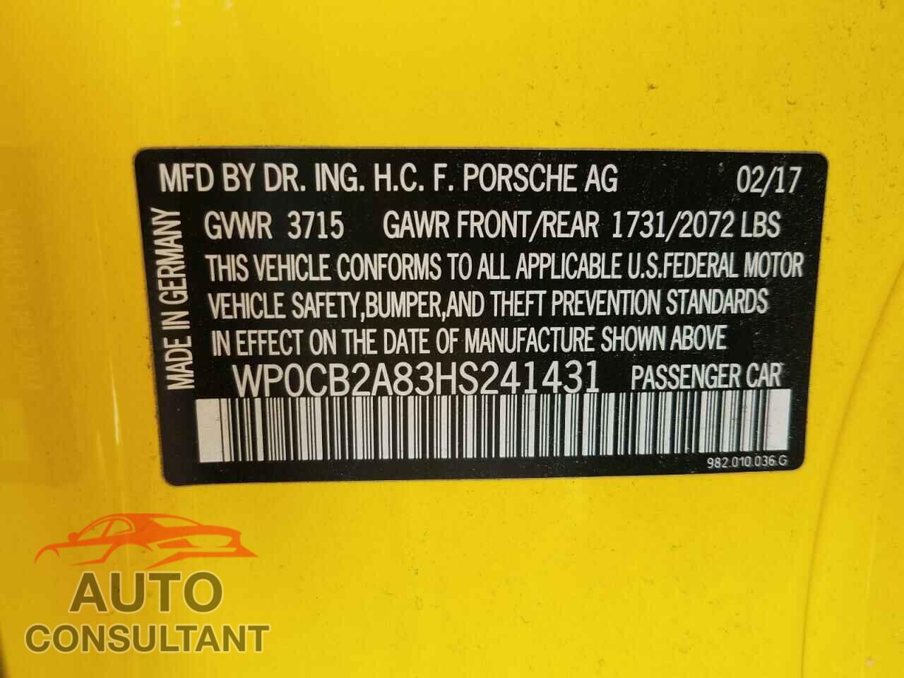PORSCHE BOXSTER 2017 - WP0CB2A83HS241431