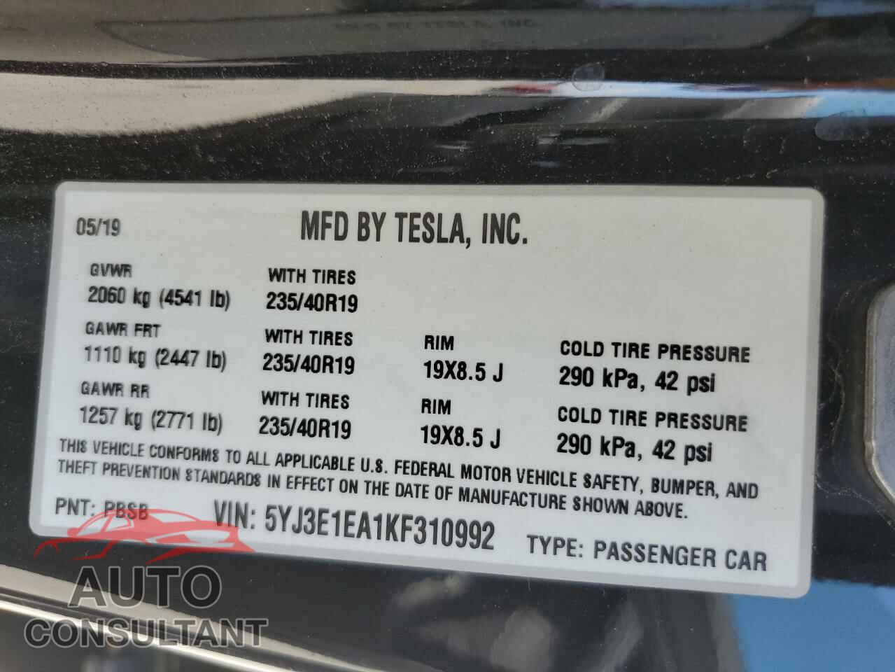 TESLA MODEL 3 2019 - 5YJ3E1EA1KF310992