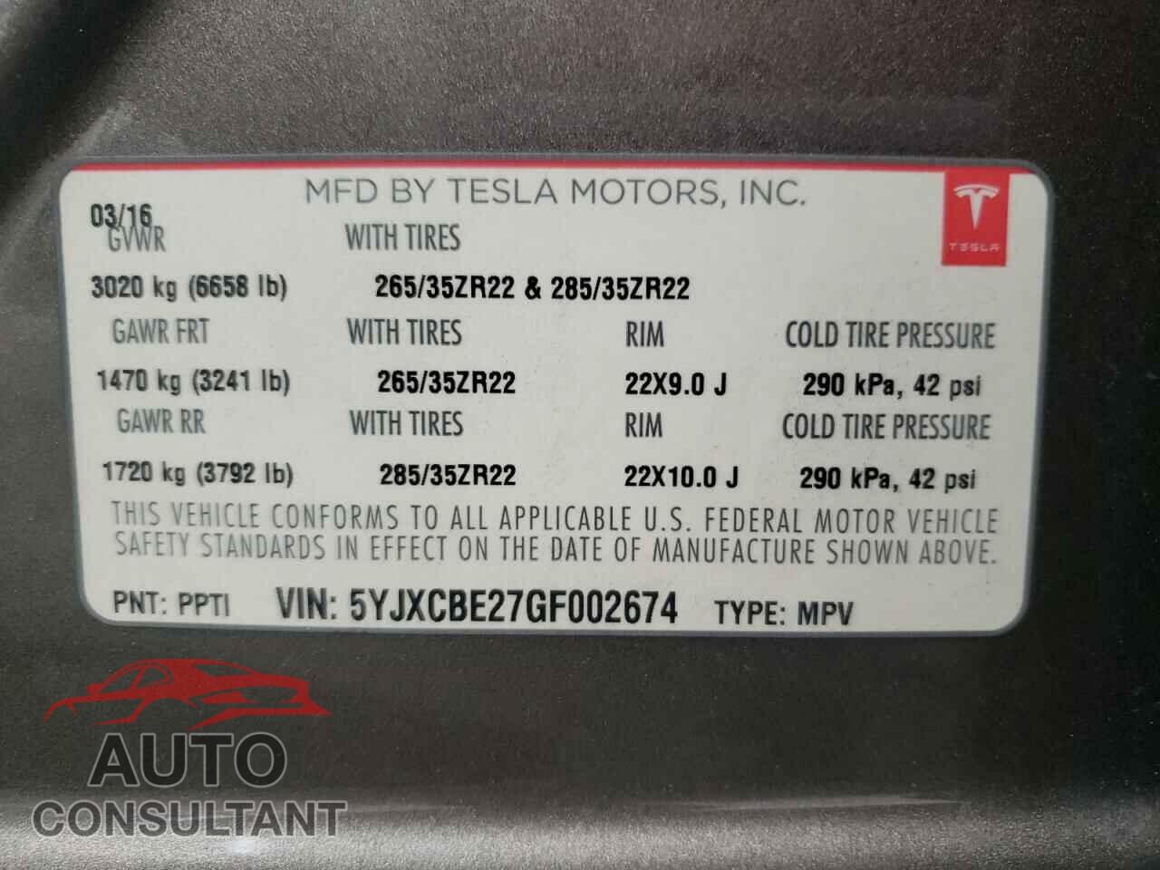 TESLA MODEL X 2016 - 5YJXCBE27GF002674