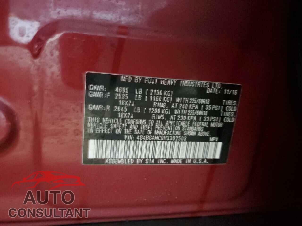 SUBARU OUTBACK 2017 - 4S4BSANC9H3302503