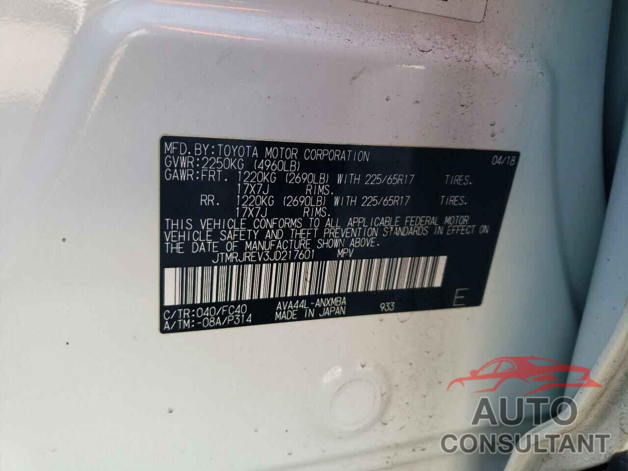 TOYOTA RAV4 2018 - JTMRJREV3JD217601