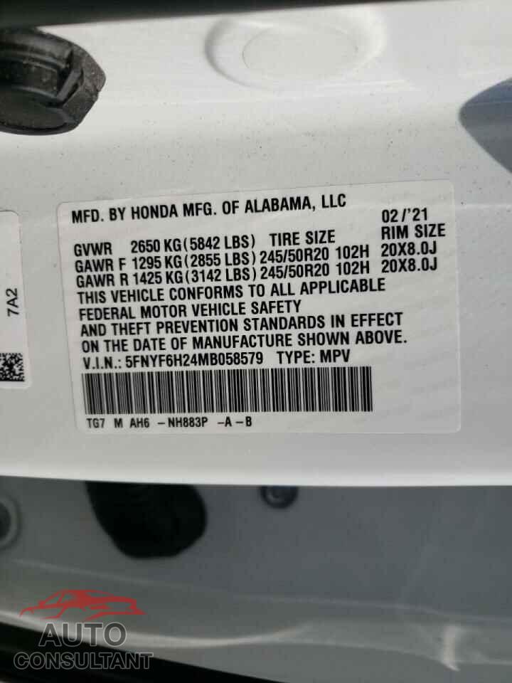 HONDA PILOT 2021 - 5FNYF6H24MB058579