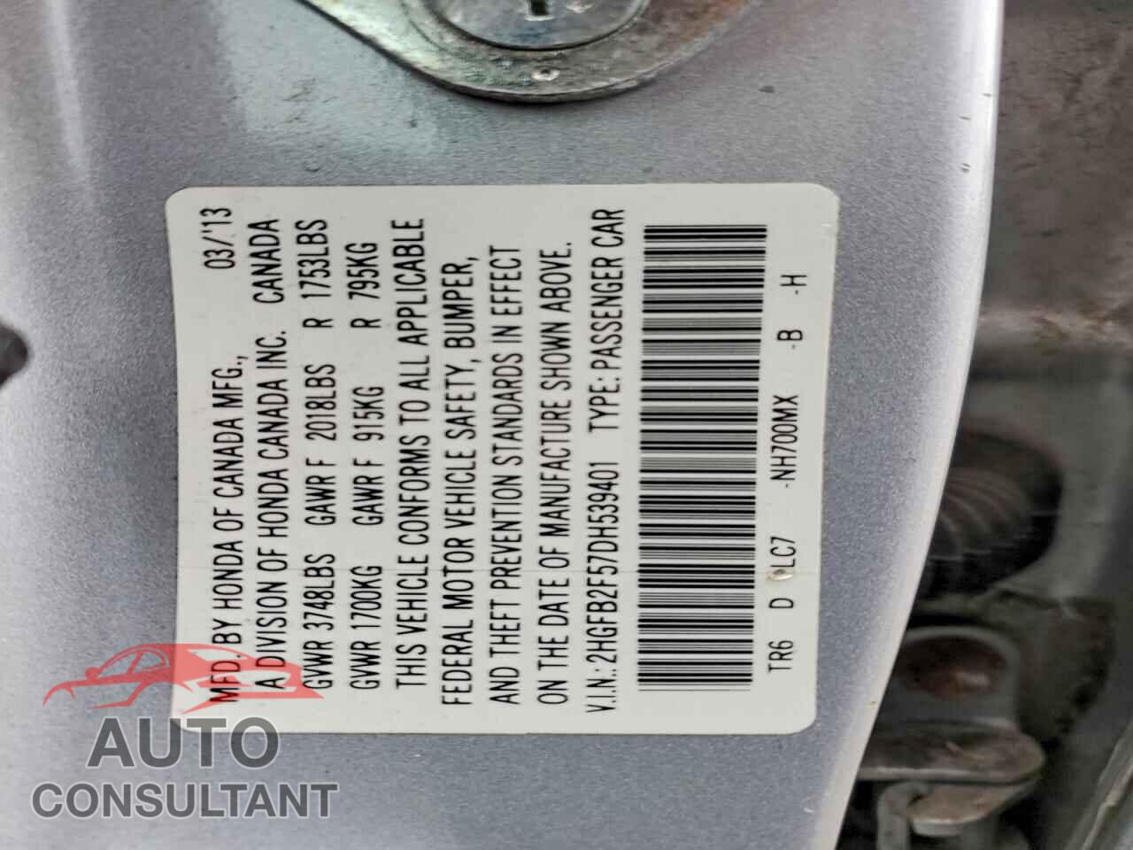 HONDA CIVIC 2013 - 2HGFB2F57DH539401