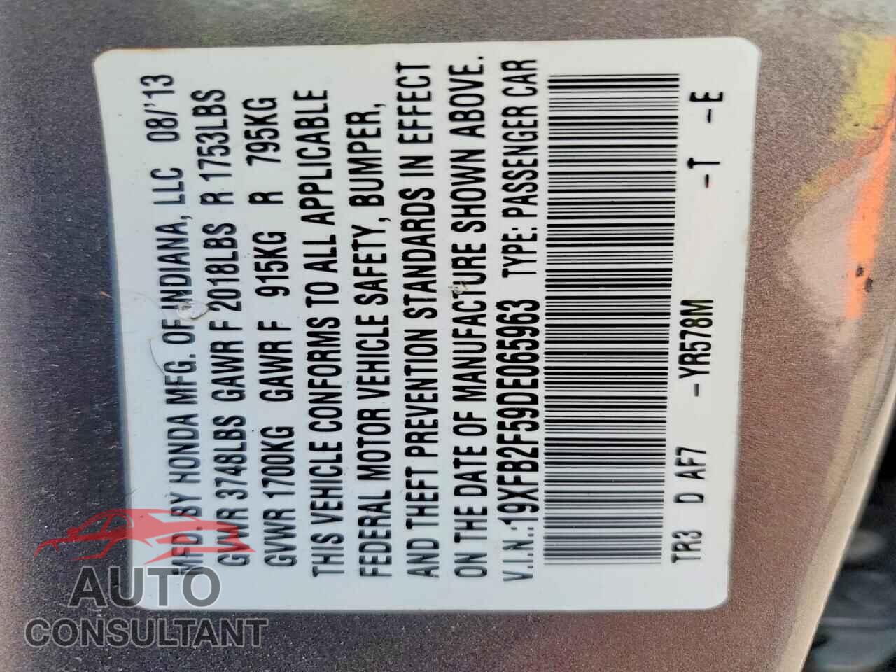 HONDA CIVIC 2013 - 19XFB2F59DE065963