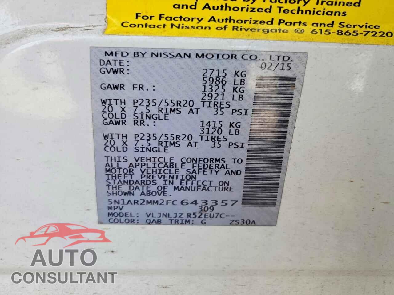 NISSAN PATHFINDER 2015 - 5N1AR2MM2FC643357