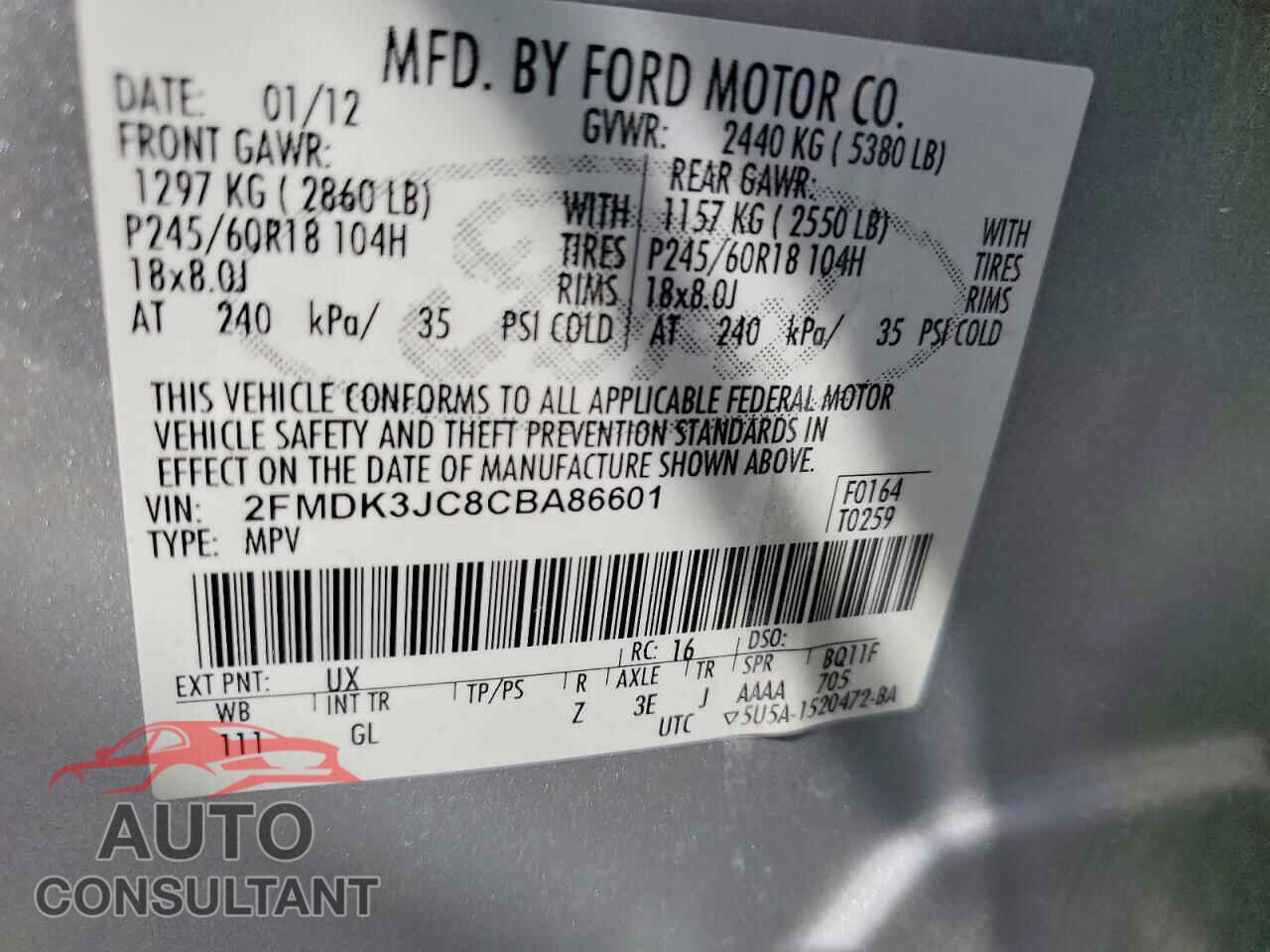 FORD EDGE 2012 - 2FMDK3JC8CBA86601