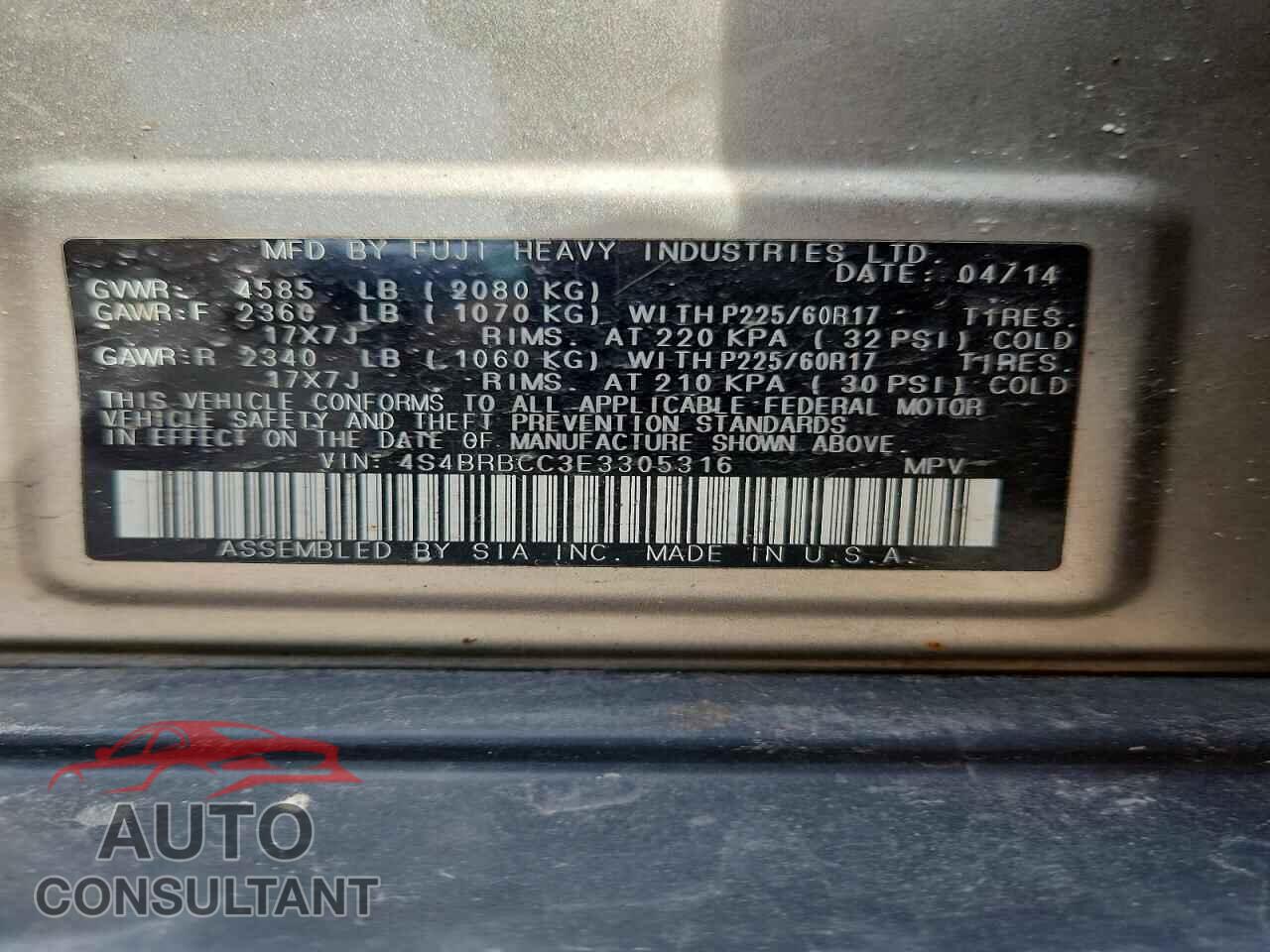 SUBARU OUTBACK 2014 - 4S4BRBCC3E3305316