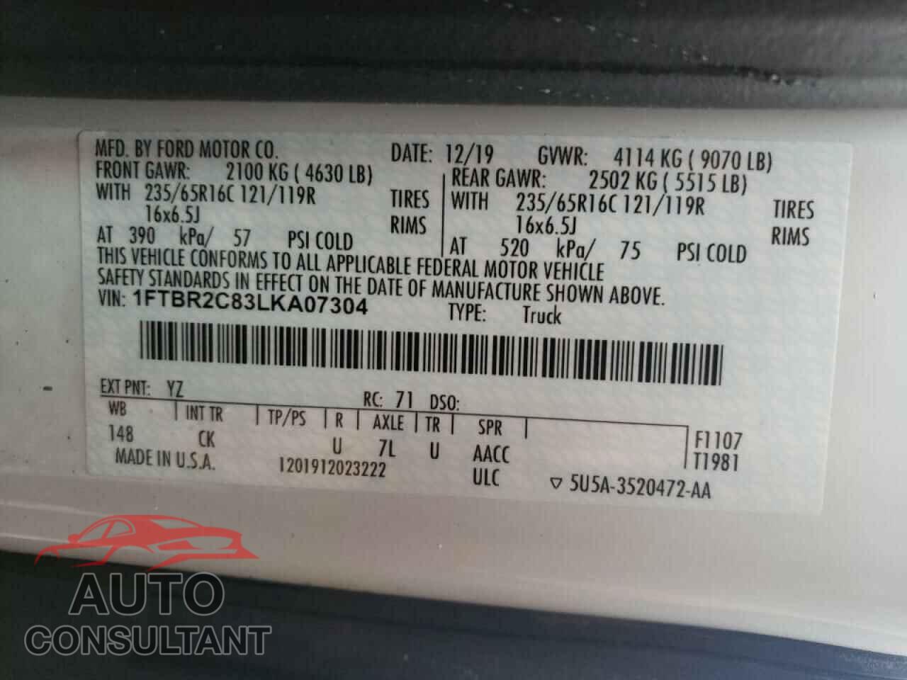 FORD TRANSIT CO 2020 - 1FTBR2C83LKA07304
