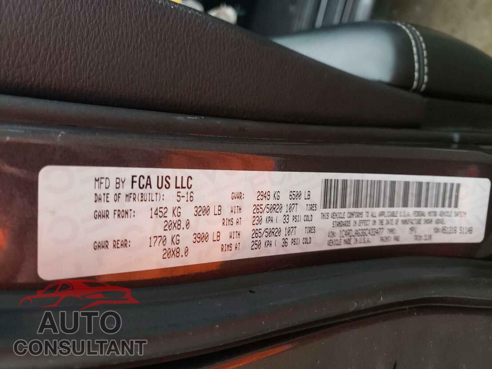 DODGE DURANGO 2016 - 1C4RDJAG3GC433477