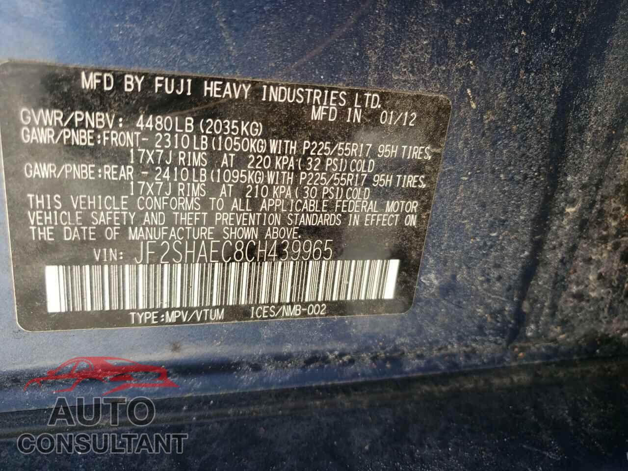 SUBARU FORESTER 2012 - JF2SHAEC8CH439965