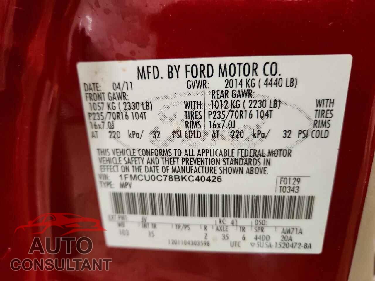 FORD ESCAPE 2011 - 1FMCU0C78BKC40426