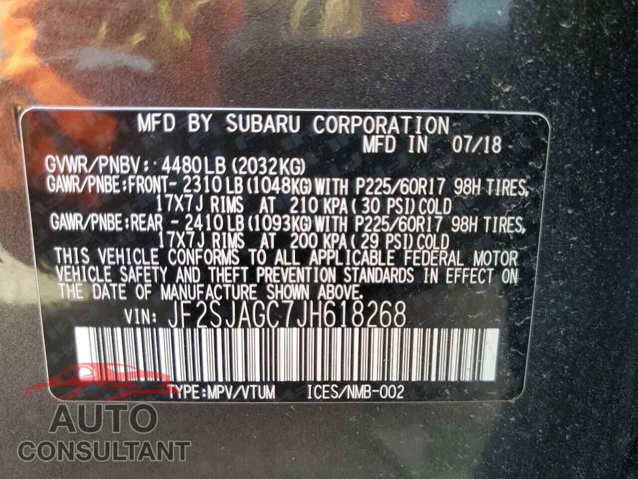 SUBARU FORESTER 2018 - JF2SJAGC7JH618268