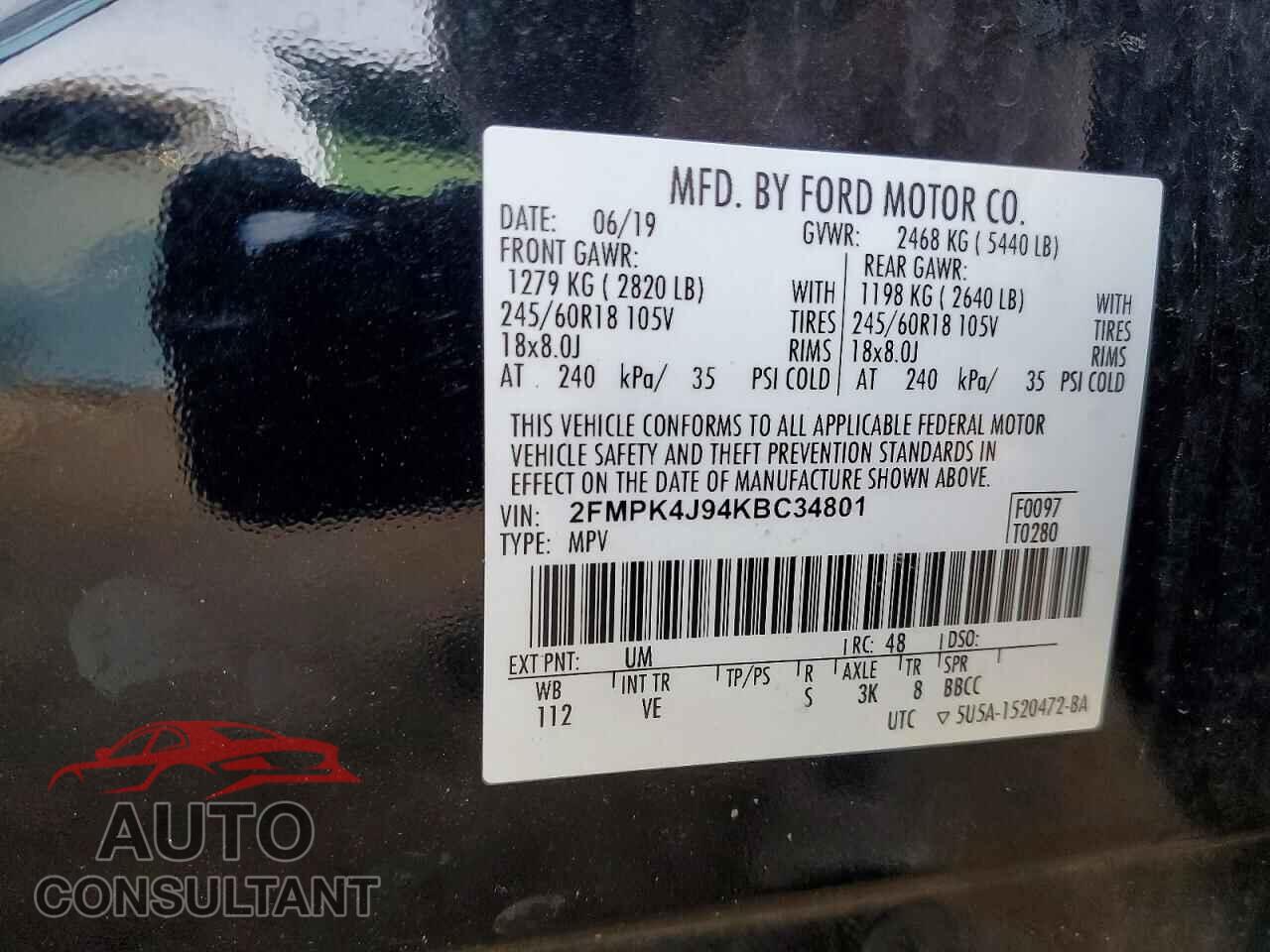 FORD EDGE 2019 - 2FMPK4J94KBC34801