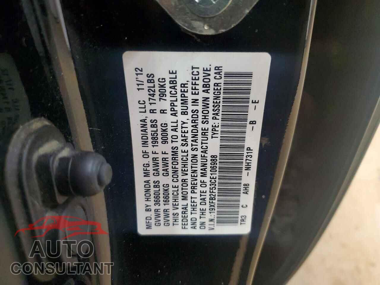 HONDA CIVIC 2012 - 19XFB2F53CE106988