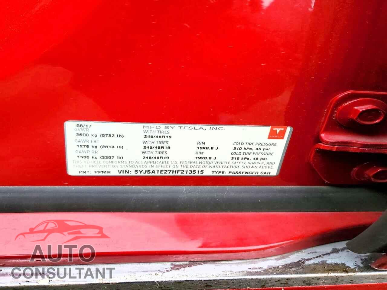 TESLA MODEL S 2017 - 5YJSA1E27HF213515