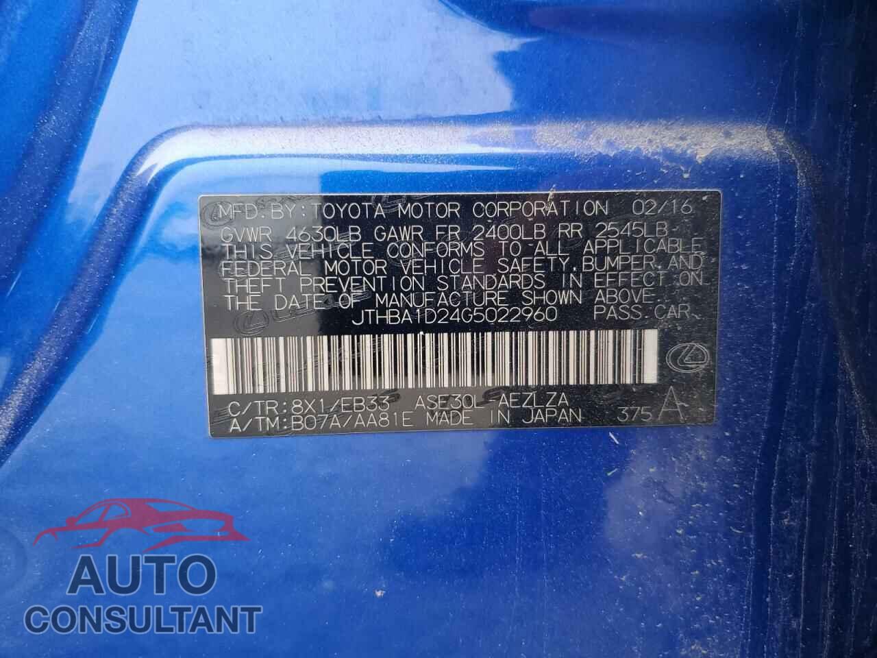 LEXUS IS 2016 - JTHBA1D24G5022960