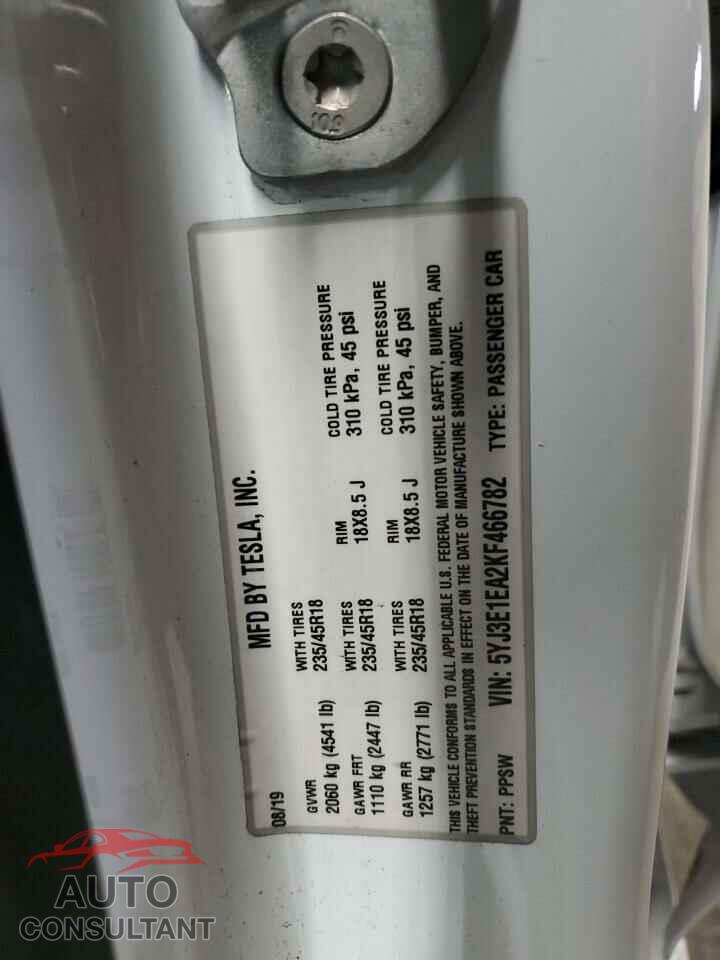 TESLA MODEL 3 2019 - 5YJ3E1EA2KF466782