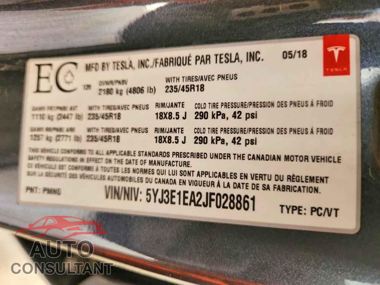 TESLA MODEL 3 2018 - 5YJ3E1EA2JF028861